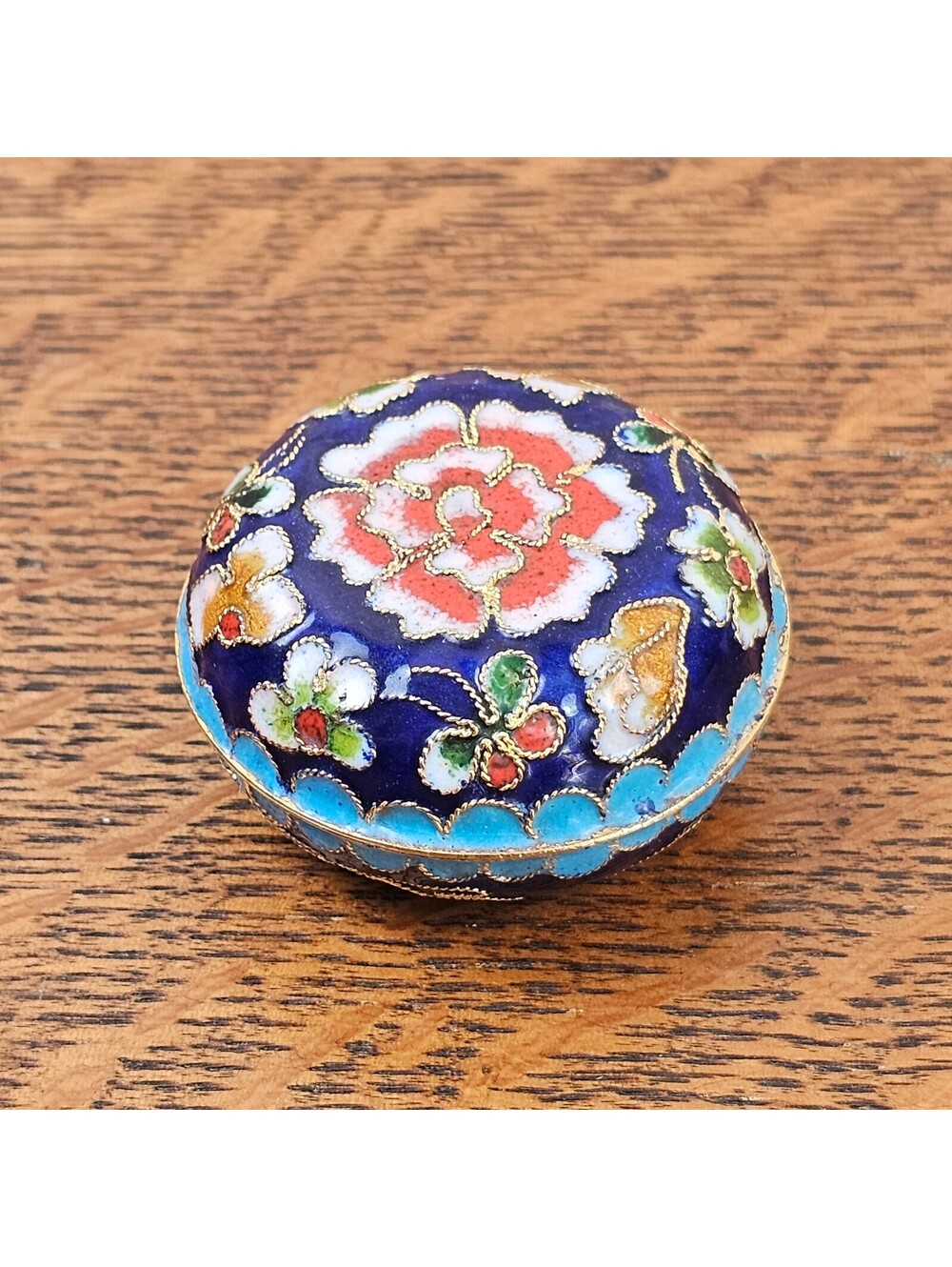 Vintage Cloisonne Enamel Floral Trinket Box Cobalt Blue Brass Round 2"